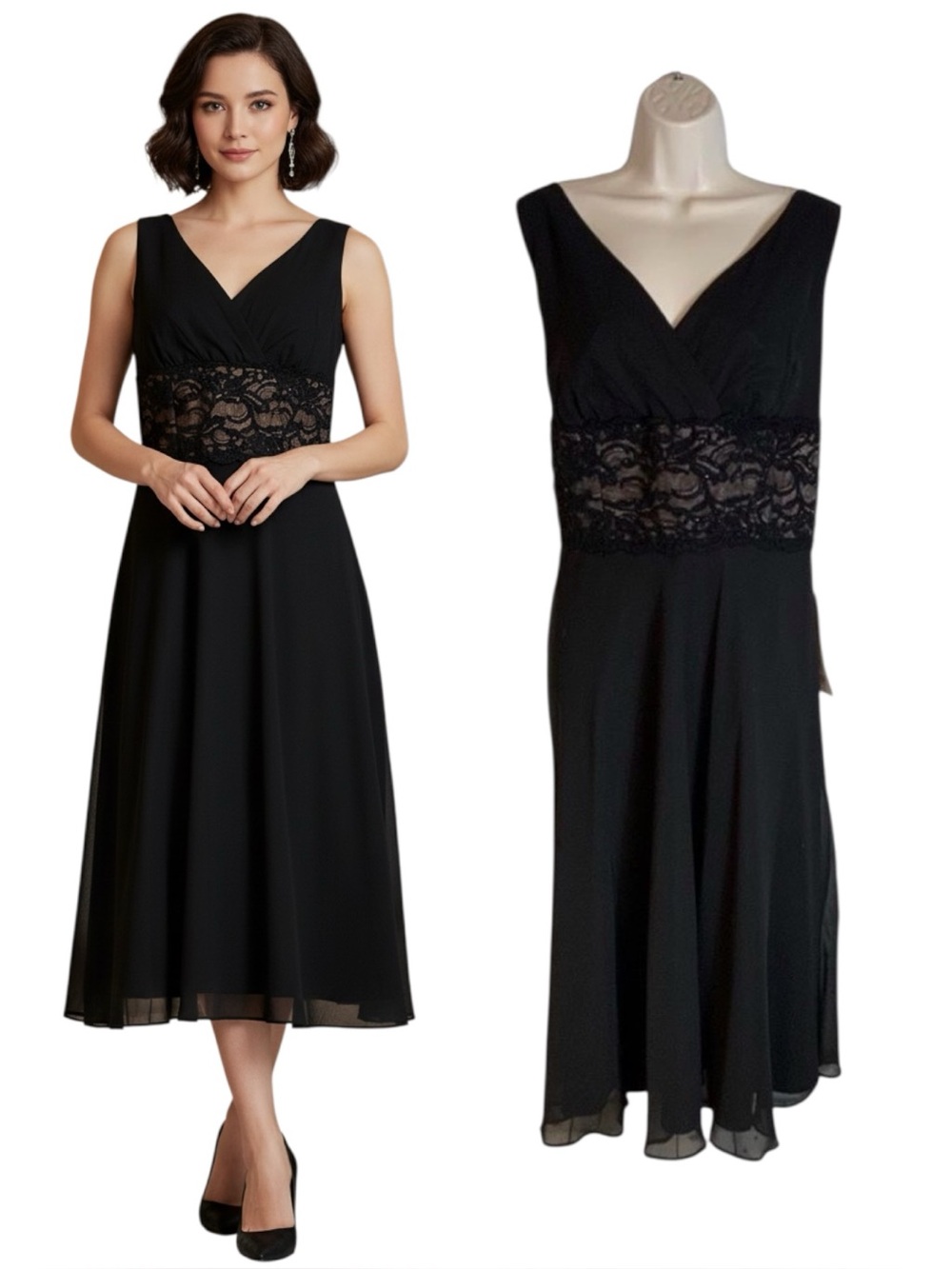 NWT R & M Richards Black Formal Midi Dress with Lace and Beading Size 14W